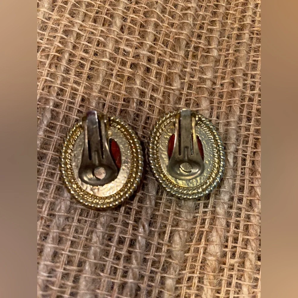 Burnt orange and faux gold, clip on earrings - Picture 2 of 3